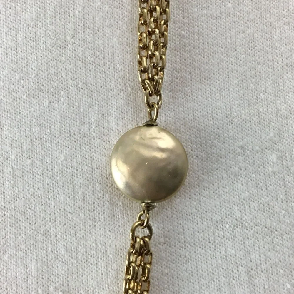 Anne Klein Vintage AK Faux Button Pearl Gold Tone Chain 36in Rope Necklace